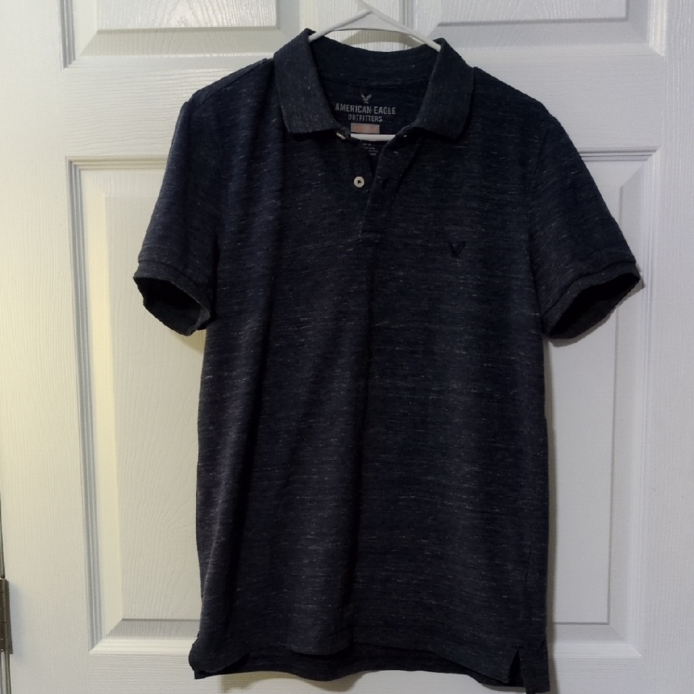 American Eagle Outfitters Men's Dark Gray / Blue Polo Shirt